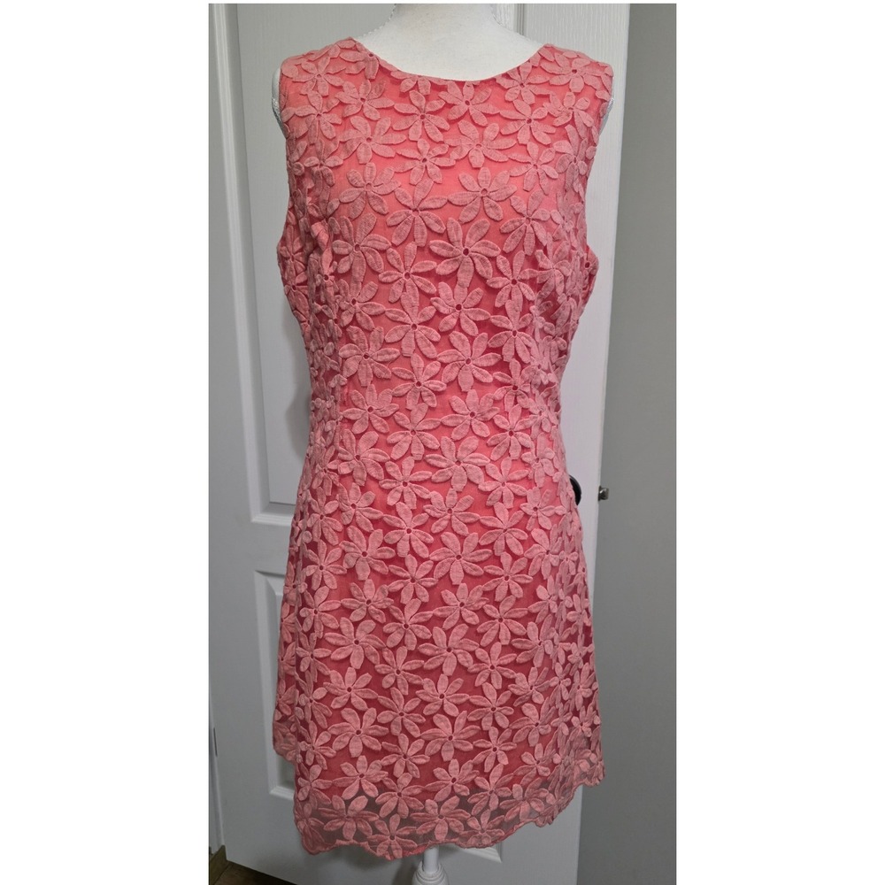 Mitto Summer‎ Dress Women Size L Coral Pink Floral Lace Overlay Sleeveless Shift